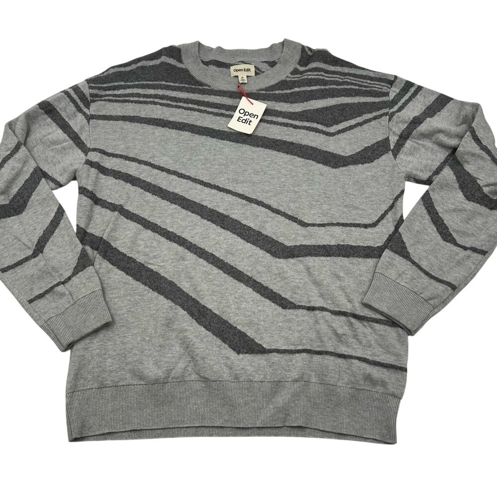 Open Edit Mens Grey Abstract Wavy Stripe Crewneck Sweater XL New With Tags